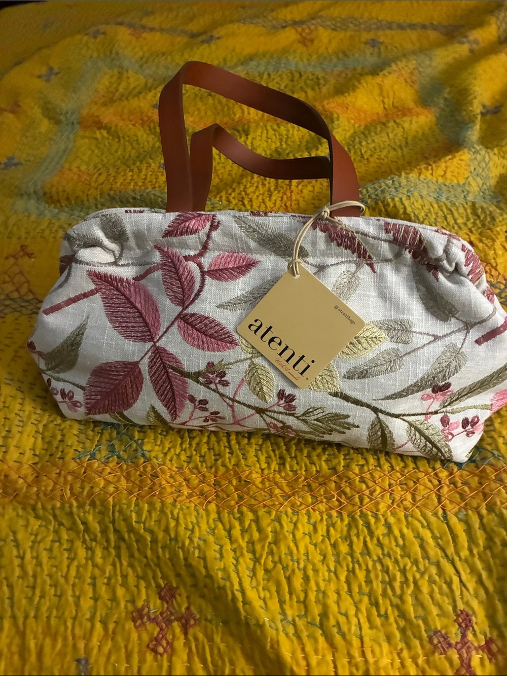 Atenti Floral Linen Tote in Cream and Burgundy with Tan Handles